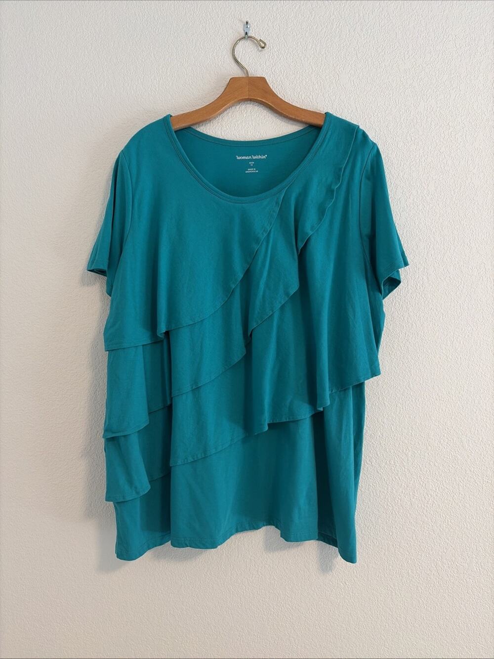 NEW Woman Within Women’s Soft Plus 1X Blue Ruffle Cute Summer T-Shirt Plus Size